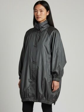 Vintage Alorna Black Iridescent Balloon Hem Raincoat Parachute Cocoon Jacket OS